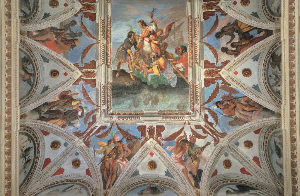 Stozzi, volta della sala centrale, La Fede che sbarca nel Nuovo Mondo Stozzi, volta della sala centrale, La Fede che sbarca nel Nuovo Mondo
